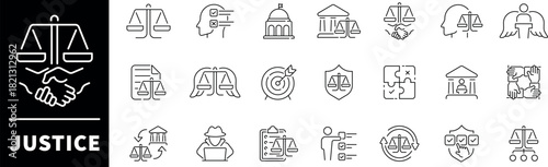 Justice vector icons. Thin line icons set related to justice and law.  Law, judgement, justice, court legal, lawyer, criminal, Justice Scales
