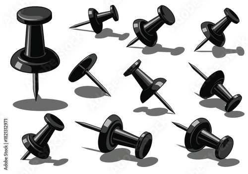 Collection of push pins in various angles with shadows, perfect for design and projects