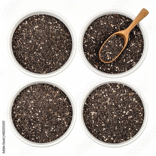 Four white bowls filled with chia seeds, with a wooden spoon in one bowl