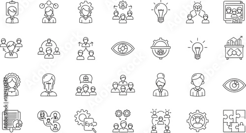 Business and teamwork outline icons representing collaboration strategy planning and brainstorming