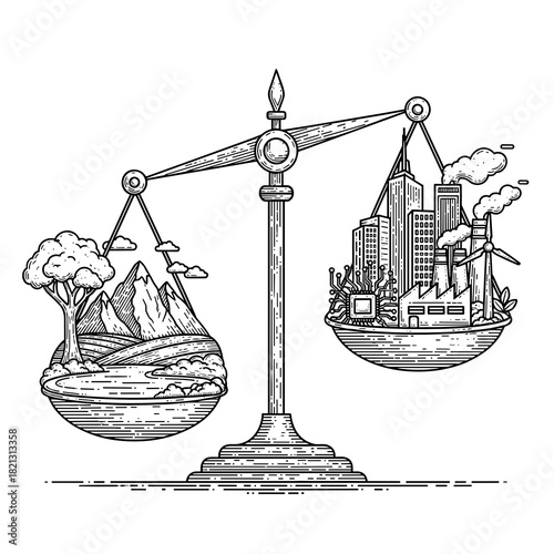 Economic balance scale depicting nature and technology in equality  