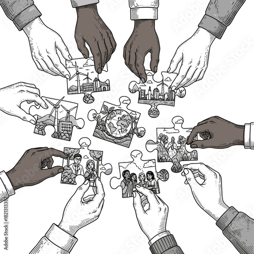 Diverse hands assembling puzzle pieces of sustainable world concept  
