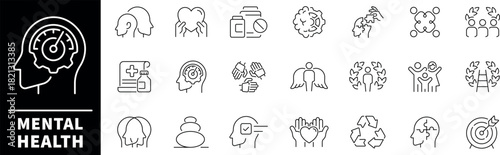 Mental health vector icons. Thin line icons set related to mental health and wellness.  Anxiety, stress, psychology, therapy, relax, wellbeing symbols