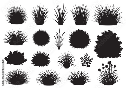 Diverse Collection of Grass and Bush Silhouettes for Design and Decorative Purposes