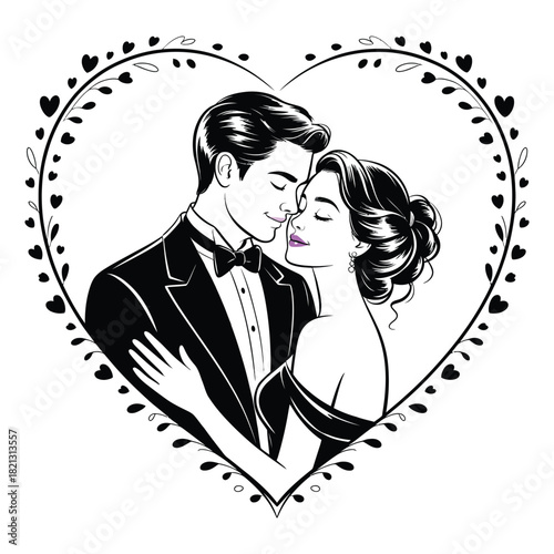 Elegant Couple Embracing Within a Heart Frame love