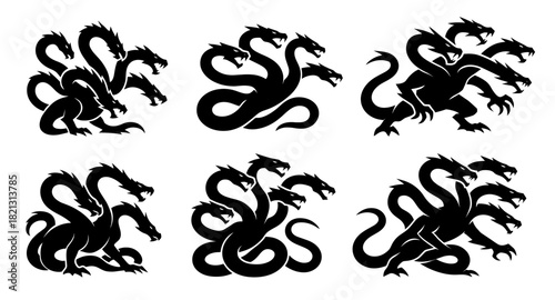 Hydra silhouette collection. Shapes created with high quality. Mythical multi headed creatures presented in bold dynamic forms
