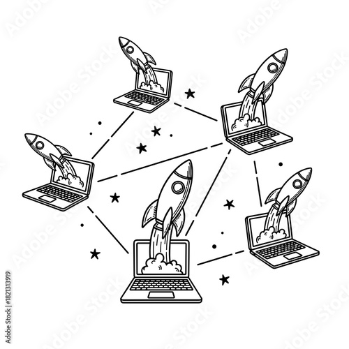 Rocket launches from laptops in a constellation representing Economic Forum  