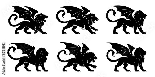 Manticore silhouettes. Shapes created with high quality. Winged lion creatures appear in powerful dynamic poses with sharp tails and strong forms