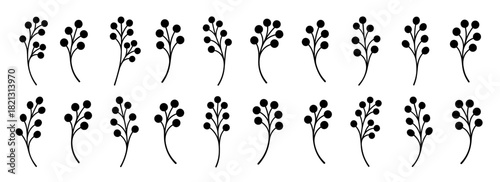 Berry branch silhouettes. Shapes created with high quality. Rounded berry clusters appear on curved stems in clean natural forms
