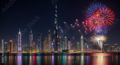 Dubai skyline at night with fireworks display