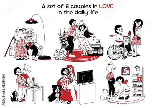 A vector set of 6 illustrations of various couples in love with their pets in everyday life. A collection of home scenes with couples in relationships. Prints for Valentine's Day. Different families