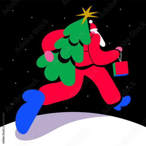 Christmas Runner Santa carrying a tree and gift bag in bold modern style.
