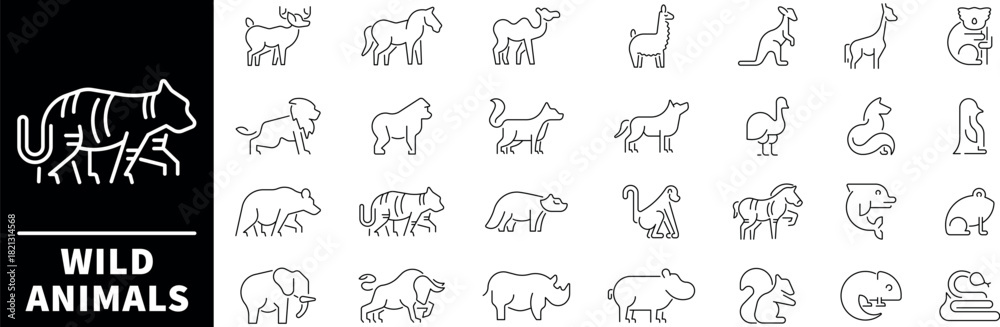 Naklejka premium Wild animals linear vector icons. Set of outline icons related to wild animals and beasts. Wild animals outline Icons set