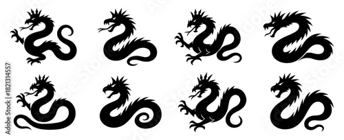 Crowned dragon silhouettes. Shapes created with high quality. Regal serpentine creatures shown with sharp claws and dramatic flowing shapes