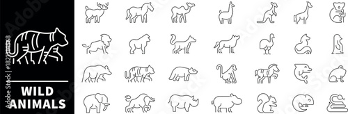Wild animals linear vector icons. Set of outline icons related to wild animals and beasts. Wild animals outline Icons set