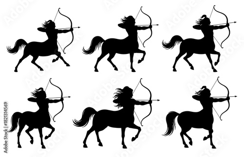 Centaur archer silhouettes. Shapes created with high quality. Dynamic poses show mythical horse warriors aiming bows in graceful motion
