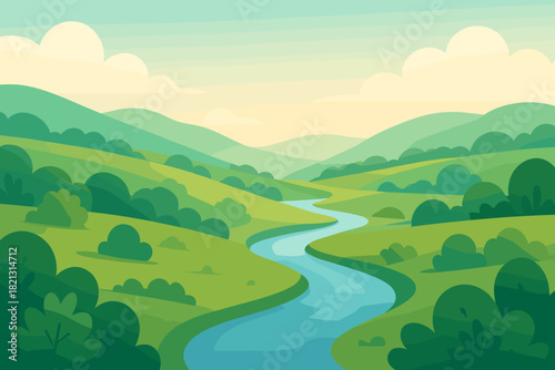 Green hills landscape. Illustration presents a calm valley with soft curves, bushes and a winding river across the scene