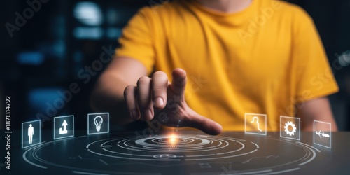 Digital interface touch interaction: A person's hand interacts with a holographic interface, activating icons representing various technological concepts.