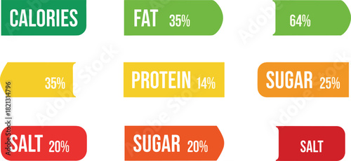 Nutrition label vector set, colorful food icons, calorie fat sugar salt tags, health info graphics, flat design illustration