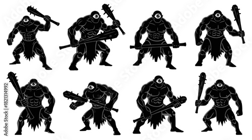 Cyclops warrior silhouettes. Shapes created with high quality. One eyed giants stand with clubs in strong intimidating poses