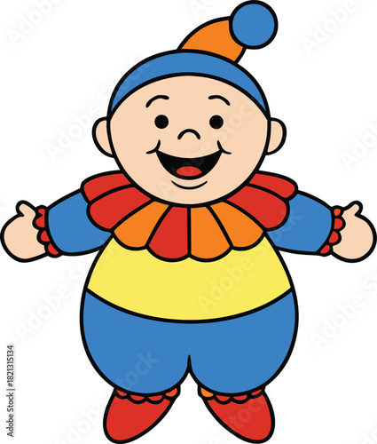 Joyful chubby baby character in vibrant colorful clown outfit vector illustration eps