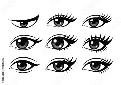Set of Elegant Eye Designs for Beauty, Makeup, and Cosmetics Decorative Eye Shapes Vector Illustrations