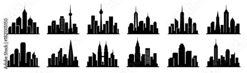 City skyline silhouettes. Shapes created with high quality. Urban building outlines appear in varied architectural forms suggesting modern city scenes.