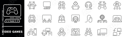 Set of outline icons related to video games and gaming. Playing video games linear vector icons. Gaming console, player, multiplayer, casino, video games vector icons