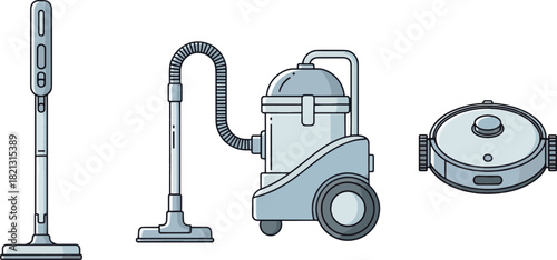 Vector collection of home cleaning appliances, featuring modern stick, traditional canister, and smart robotic vacuum cleaners. A set of isolated line art illustrations