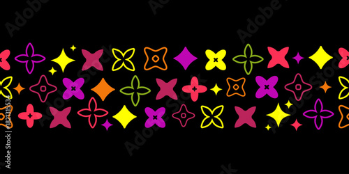 Seamless horizontal pattern of colorful abstract geometric shapes on black background, for web banners, digital borders, textile designs, wrapping paper, branding, modern packaging.Vector illustration