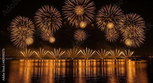 Fireworks display over water at night