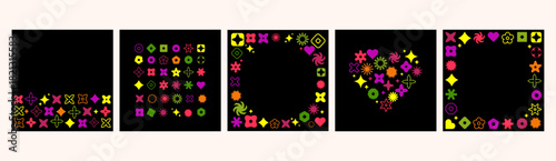 Creative Design Templates with abstract geometric shapes forming frames, patterns, and a heart on black for social media posts, digital art, invitations, posters, creative branding, web design.Vector