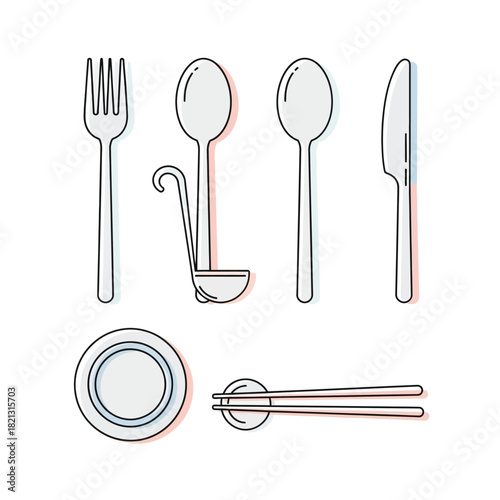 Collection of Flat Design Cutlery and Dinnerware Icons on a White Background
