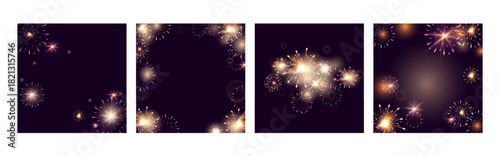 Set of square dark background templates with glowing fireworks overlays, for New Year cards, celebration invitations, holiday promotions, party flyers, festive event branding.Vector illustration