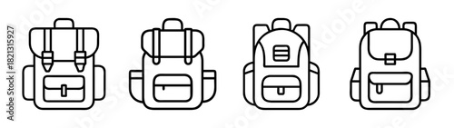 Backpacks rucksacks travel bags hiking gear camping equipment outline vector illustration set design