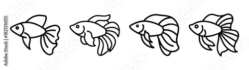 Line art drawing of four goldfish swimming in a row, pet fish illustration, aquarium fish design