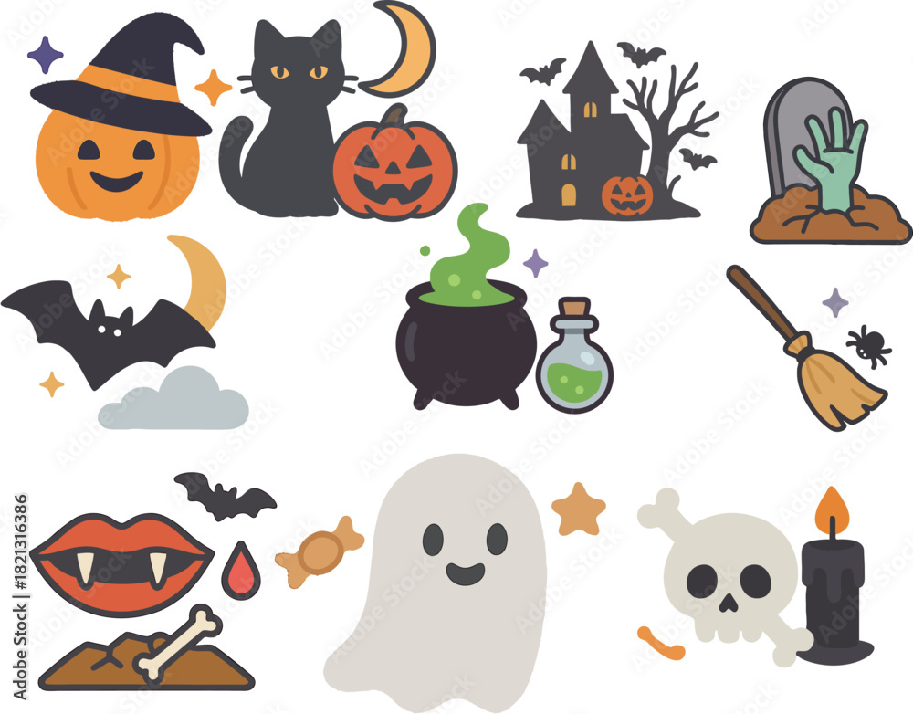 Fototapeta premium Cute Halloween Icon Set – Ghost, Pumpkin, Witch Cat, Cauldron & Spooky Elements