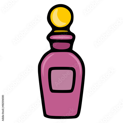 A charming vector illustration of a vintage-style perfume bottle with a glossy yellow stopper and a pink body, featuring a distinct rectangular label area.