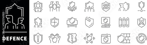 Thin line icons set related to defence and protection. Defence thin line icons set. Safe, shield, lock, security, alarm, guard, safety, protection symbols set
