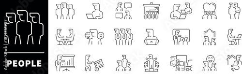 People icon set. Thin line icons set related to people and community. People thin line icons set. Family, human, team, community, friends, population