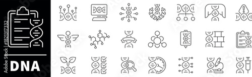 DNA icon set. Thin line icons set related to DNA and genetics. Biotech, DNA, genomes, genetic molecule structure, biotechnology icons
