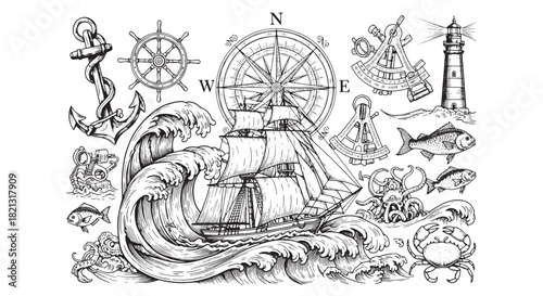 Nautical Adventure A Detailed Black and White Illustration of Ships, Compass, Waves and Coastal Elements
