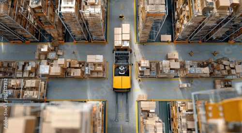 Overhead view of a forklift transporting boxes within a busy warehouse