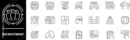 Recruitment icon set. Thin line icons set related to recruitment and headhunting. Recruitment web icons in line style. Collection of recruitment related outline icons
