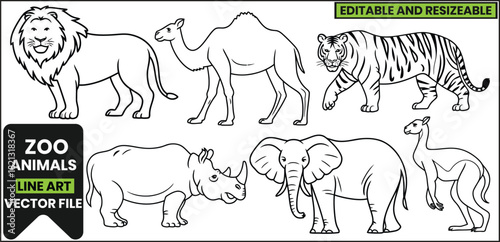 Wild Zoo Animals Line Art Set .