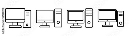 Desktop computer workstation setup line art vector illustration for office and home use design