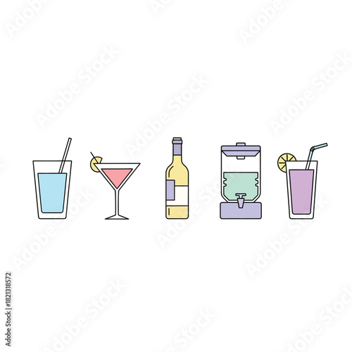 Vector set of refreshing drinks in flat line art style. Includes cocktails, wine, and non-alcoholic beverages for menus, cafe designs, and healthy lifestyle content