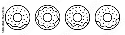 Four donuts with sprinkles vector illustration, bakery and dessert clip art, donuts outline drawing
