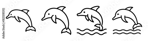 Dolphin drawing vector illustration, cute jumping dolphins in ocean waves line art design idea