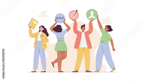 A vibrant vector illustration featuring a diverse group of four stylized figures with one prominently holding a bright yellow object suitable for various design projects